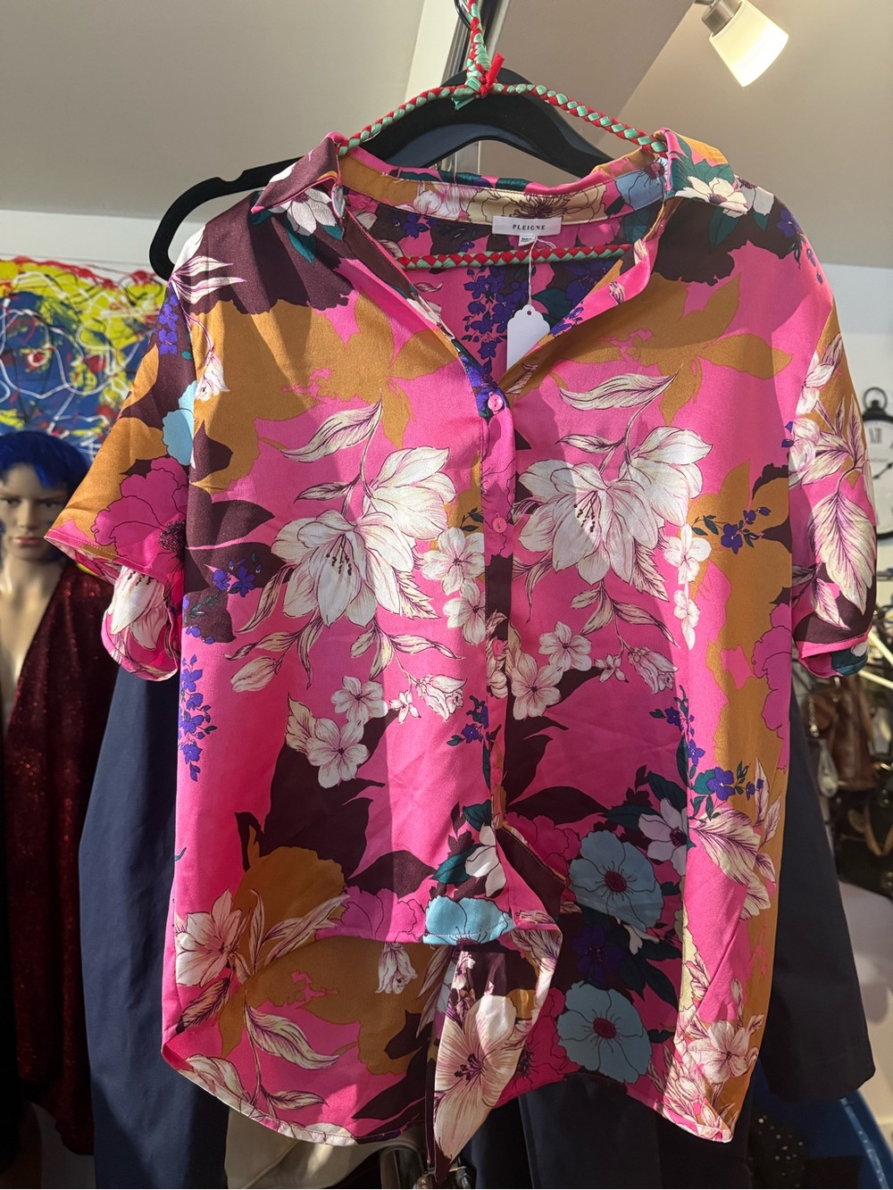 Pleione Pink Floral Button-Front Tie-Hem Shirt